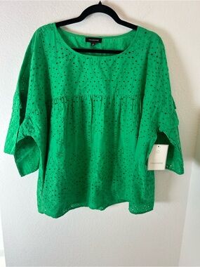 NWT Calligraphie Green Eyelet Peasant boho  Top embroidered 100 cotton xl